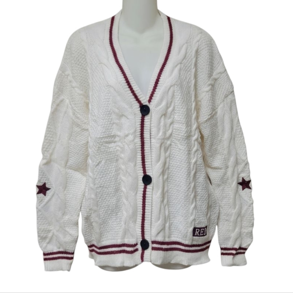 Women's White Long Sleeve Cable Knit Cardigan with Red Accents -NWOT
